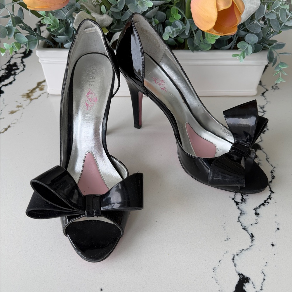 Paris Hilton Black Patent Leather Heels with Bow